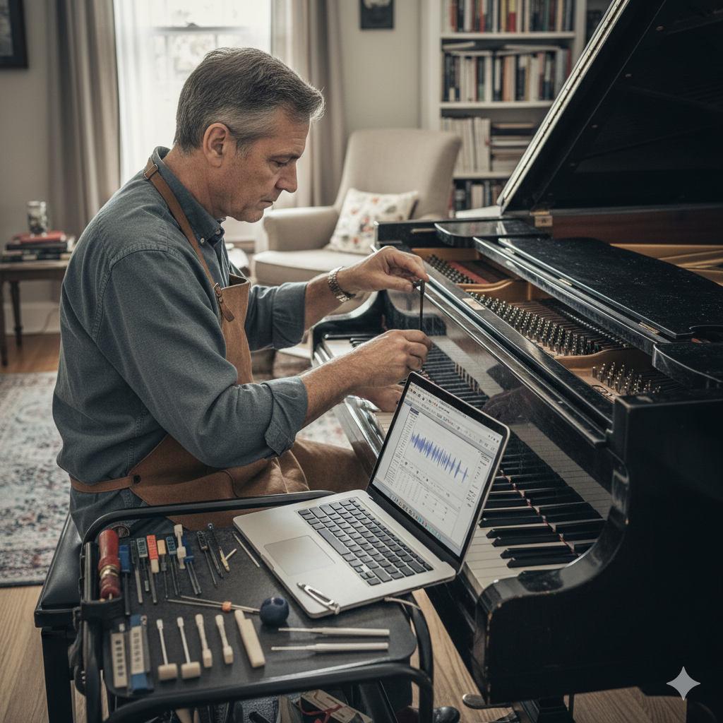 Professional piano tuner carefully tuning a grand piano